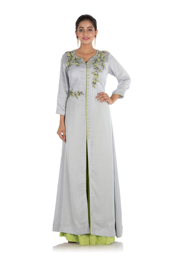 Hand Embroidered Cloud Grey & Pear Green Sharara Set