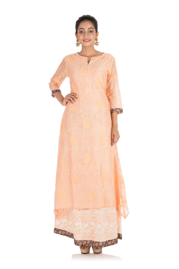 Hand Printed & Embroidered Pale Orange Double Layer Kurti