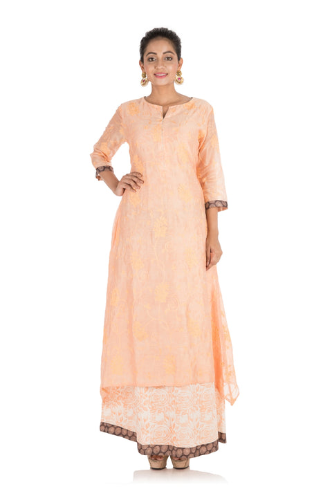 Hand Printed & Embroidered Pale Orange Double Layer Kurti