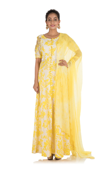 Hand Printed & Embroidered Bright Yellow Cold Shoulder Long Kurti