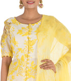 Hand Printed & Embroidered Bright Yellow Cold Shoulder Long Kurti