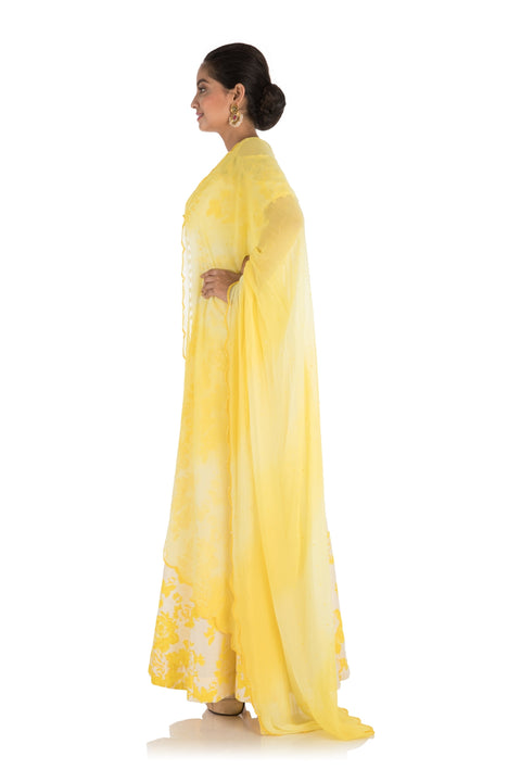 Hand Printed & Embroidered Bright Yellow Cold Shoulder Long Kurti