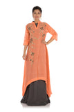 Hand Embroidered Peach & Slate Grey Double Layer Asymmetrical Kurti