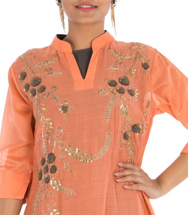 Hand Embroidered Peach & Slate Grey Double Layer Asymmetrical Kurti