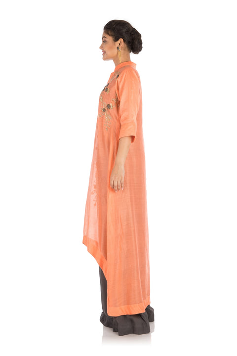 Hand Embroidered Peach & Slate Grey Double Layer Asymmetrical Kurti