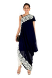 Hand Embroidered Prussian Blue Drape Kurti With Dhoti Pant.