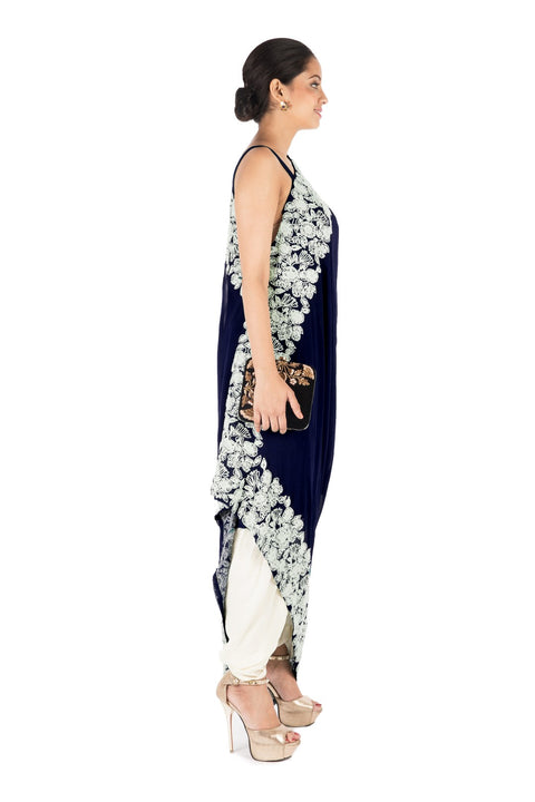 Hand Embroidered Prussian Blue Drape Kurti With Dhoti Pant.