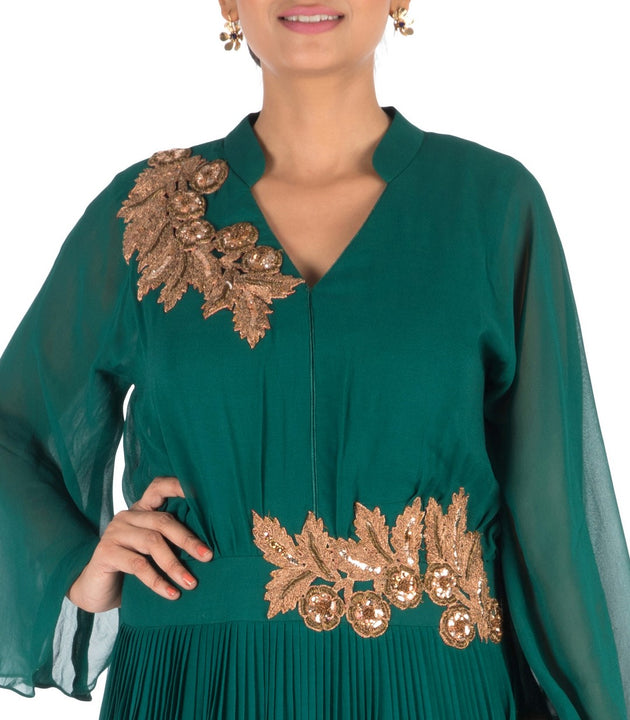 Hand Embroidered Bottle Green Flare Sleeve Gown