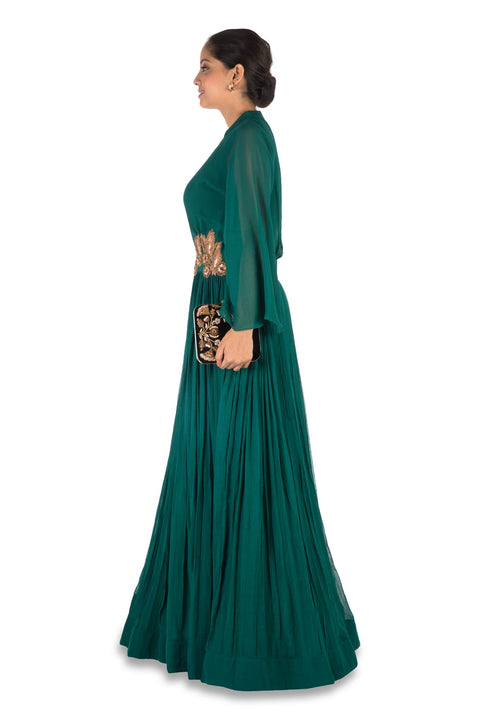 Hand Embroidered Bottle Green Flare Sleeve Gown