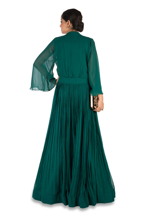 Hand Embroidered Bottle Green Flare Sleeve Gown