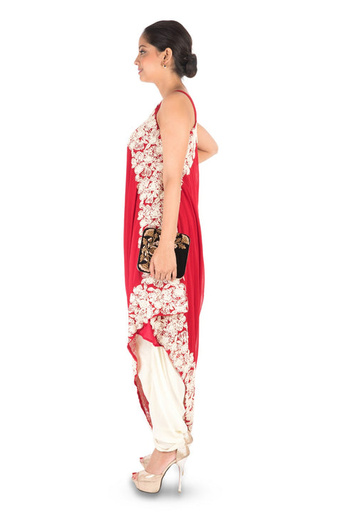 Hand Embroidered Ox Blood Red Drape Kurti With Dhoti Pant.