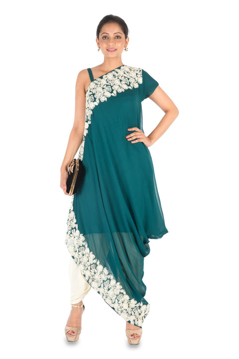 Hand Embroidered Cadet Blue Drape Kurti With Dhoti Pant.