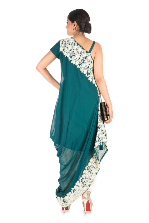 Hand Embroidered Cadet Blue Drape Kurti With Dhoti Pant.