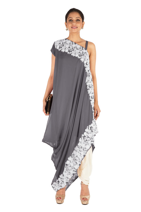 Hand Embroidered Cloud Grey Drape Kurti With Dhoti Pant.