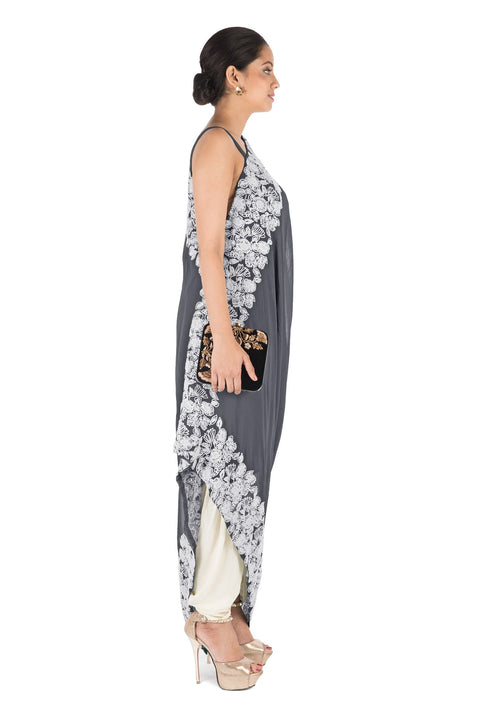 Hand Embroidered Cloud Grey Drape Kurti With Dhoti Pant.