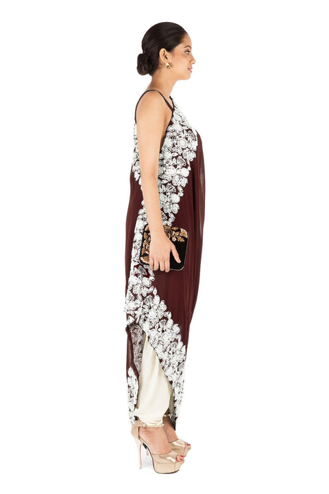 Hand Embroidered Walnut Brown Drape Kurti With Dhoti Pant.