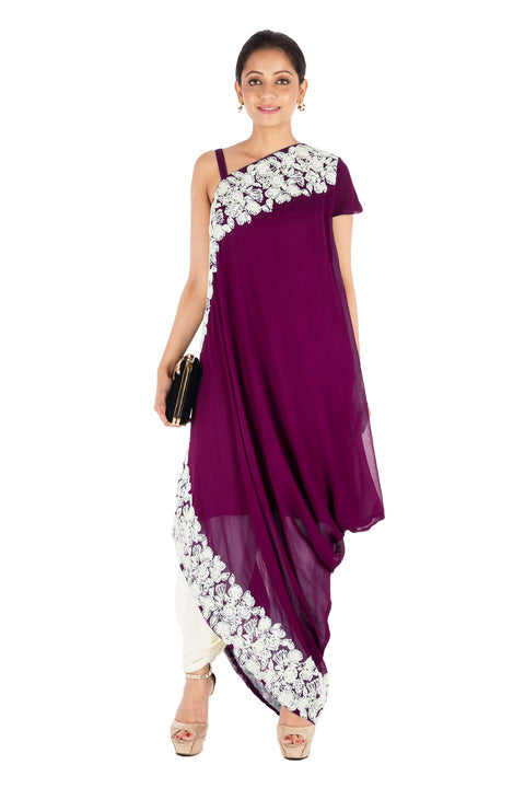 Hand Embroidered Plum Drape Kurti With Dhoti Pant.