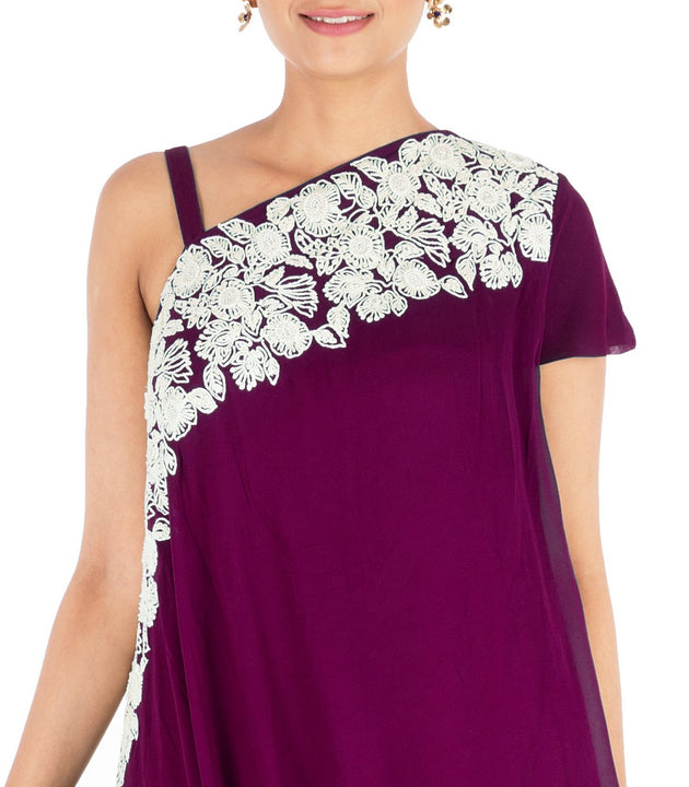 Hand Embroidered Plum Drape Kurti With Dhoti Pant.