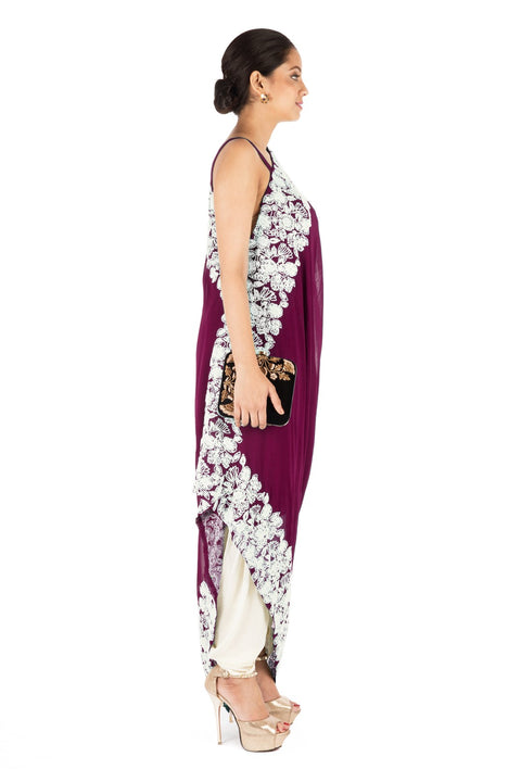 Hand Embroidered Plum Drape Kurti With Dhoti Pant.