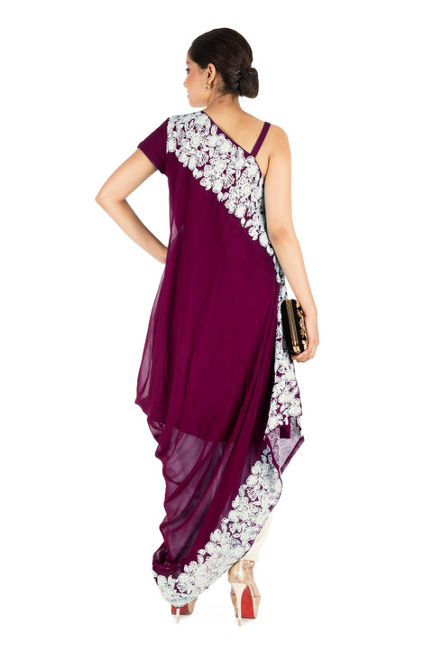 Hand Embroidered Plum Drape Kurti With Dhoti Pant.