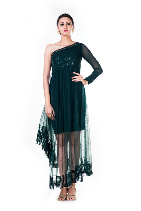 Single Shoulder Bottle Green Sequin Layered Dress