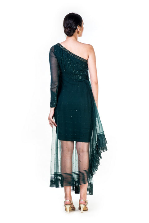 Single Shoulder Bottle Green Sequin Layered Dress