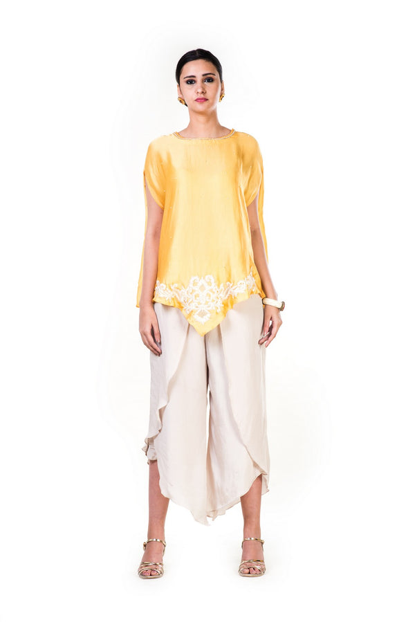 Embroidered Yellow Cape Top With An Off-White Tulip Pant