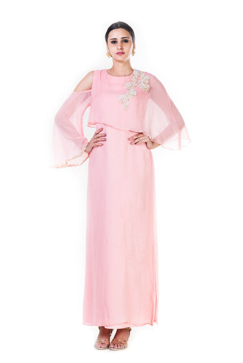 Embroidered Blush Pink Cold Shoulder Cape Style Gown