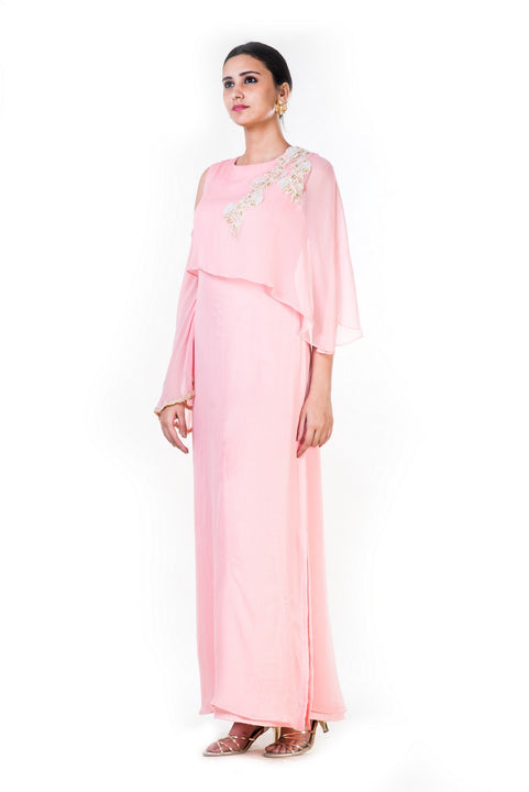 Embroidered Blush Pink Cold Shoulder Cape Style Gown