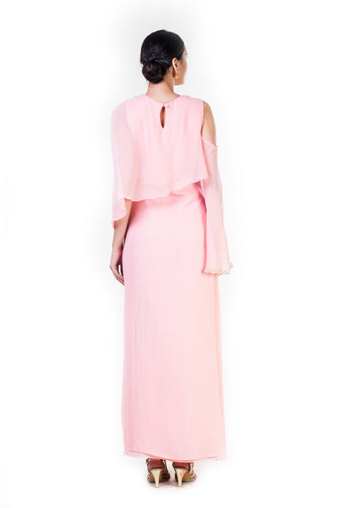 Embroidered Blush Pink Cold Shoulder Cape Style Gown