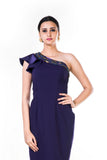 Hand Embroidered Single Shoulder Ruffle Sleeves Purple Gown