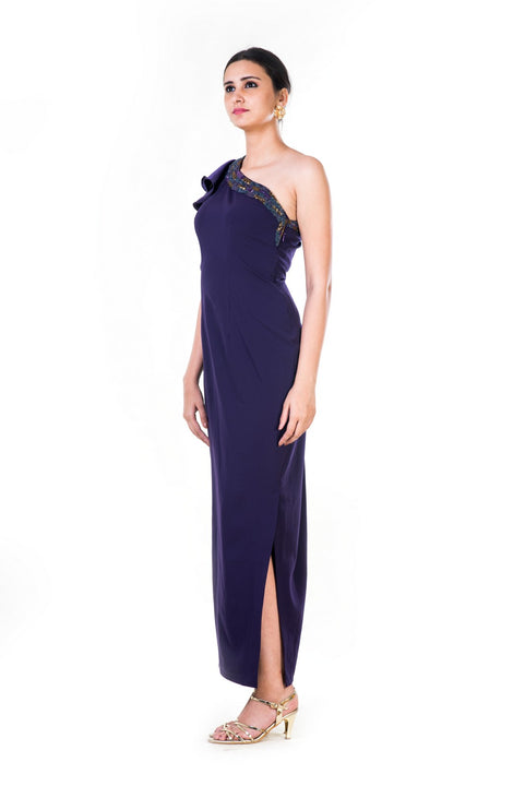 Hand Embroidered Single Shoulder Ruffle Sleeves Purple Gown