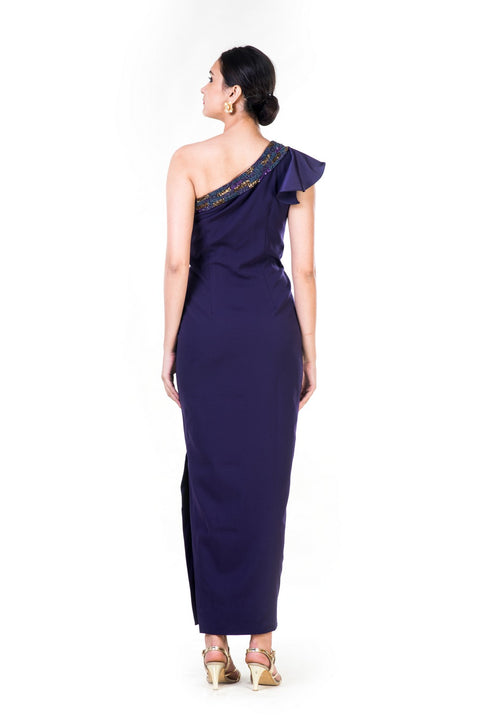 Hand Embroidered Single Shoulder Ruffle Sleeves Purple Gown