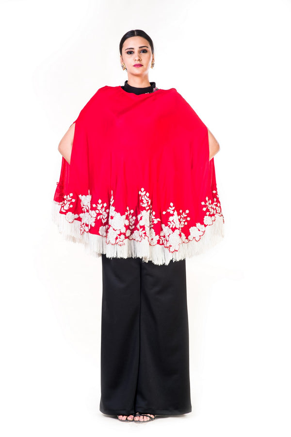 Embroidered Red Tasseled Cape