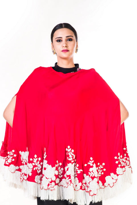 Embroidered Red Tasseled Cape