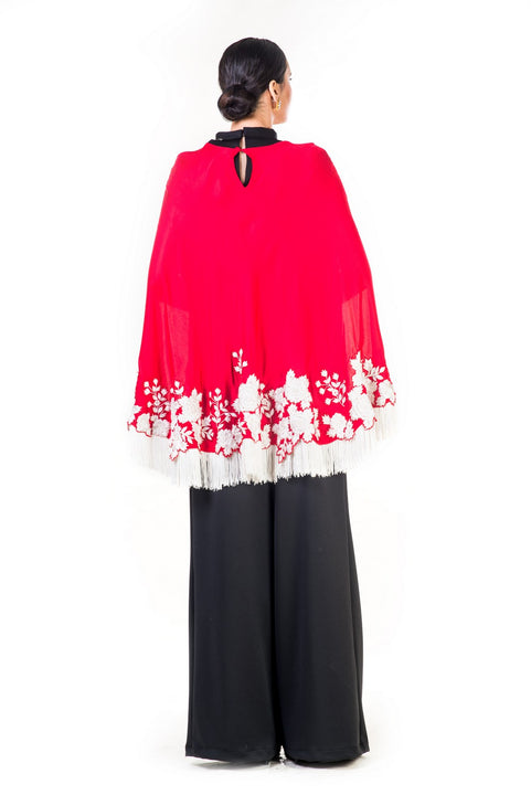 Embroidered Red Tasseled Cape