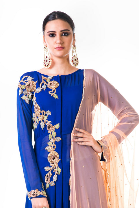 Blue Georgette Suit With Chiffon Sharara And Orange Dupatta