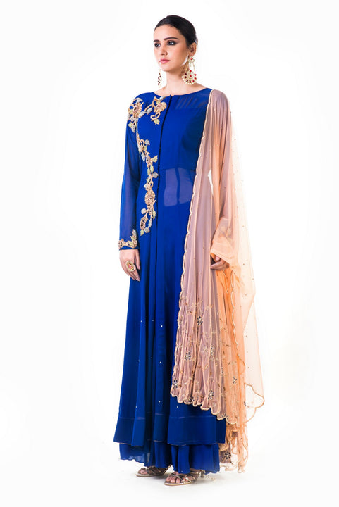 Blue Georgette Suit With Chiffon Sharara And Orange Dupatta