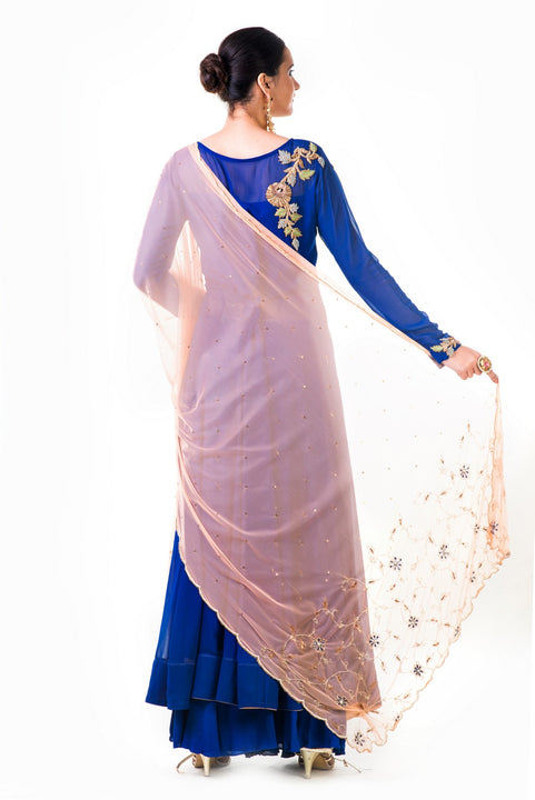 Blue Georgette Suit With Chiffon Sharara And Orange Dupatta