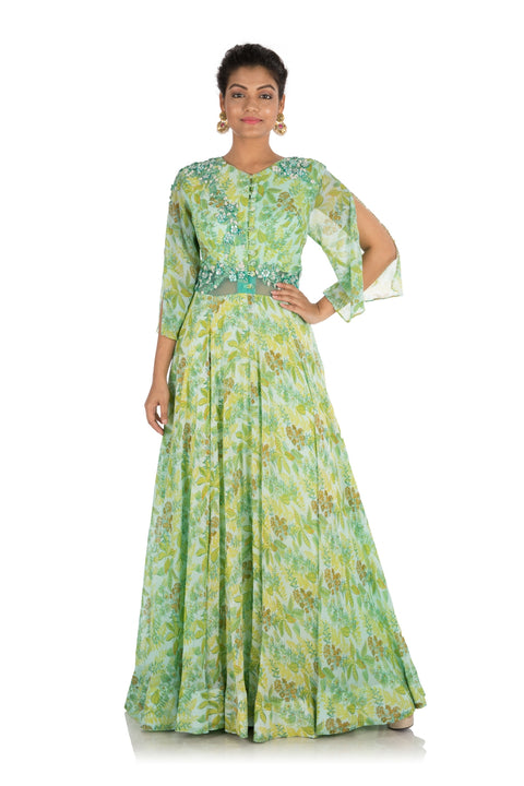 Fern Green Printed Gown With Cut Sleeves