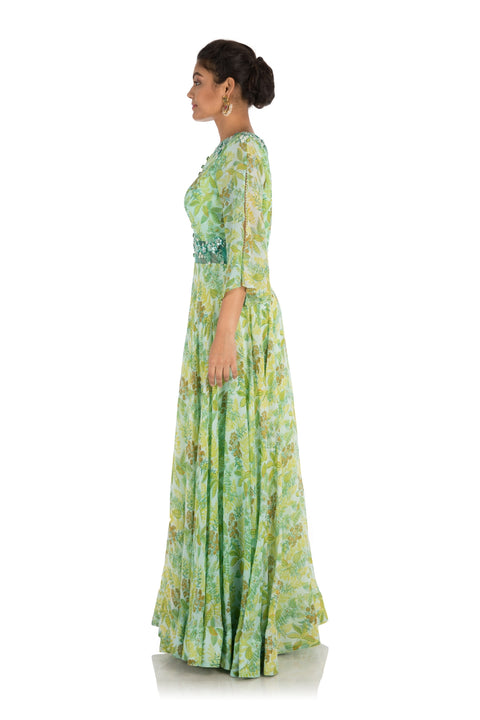 Fern Green Printed Gown With Cut Sleeves