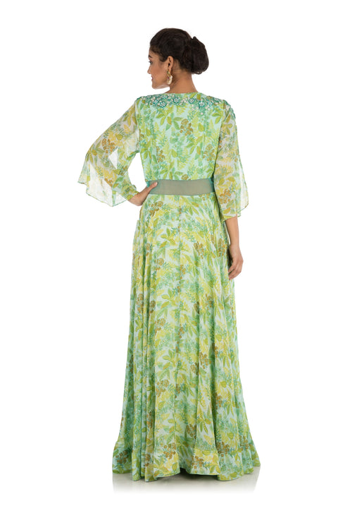 Fern Green Printed Gown With Cut Sleeves