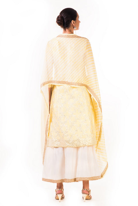 Light Yellow Gota Work Chanderi Kurta And Chanderi Pallazo Pants With A Lehriya Dupatta