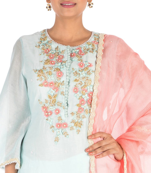 Hand Embroidered Powder Blue Three Layer Sharara Set.