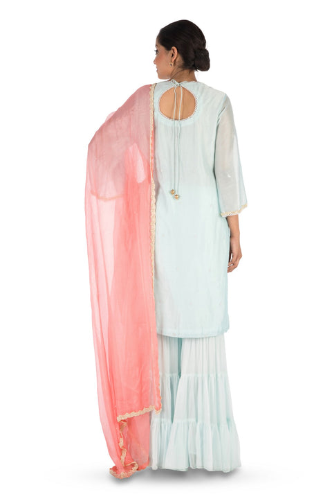 Hand Embroidered Powder Blue Three Layer Sharara Set.