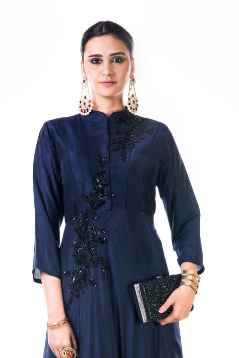 Hand Embroidered Sequins Navy Blue Silk Panel Dress