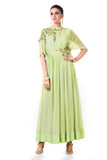 Hand Embroidered Green Overlapped Yoke Pleated Dress