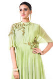 Hand Embroidered Green Overlapped Yoke Pleated Dress