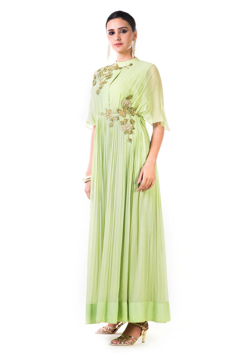 Hand Embroidered Green Overlapped Yoke Pleated Dress