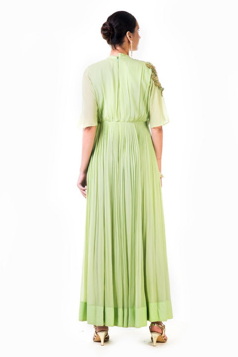 Hand Embroidered Green Overlapped Yoke Pleated Dress